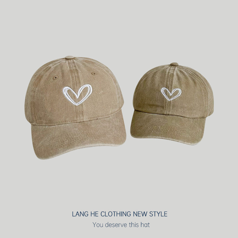 Parent-child love embroidered baseball cap showing face small washed soft top cap for men and women heart casual versatile hat trendy