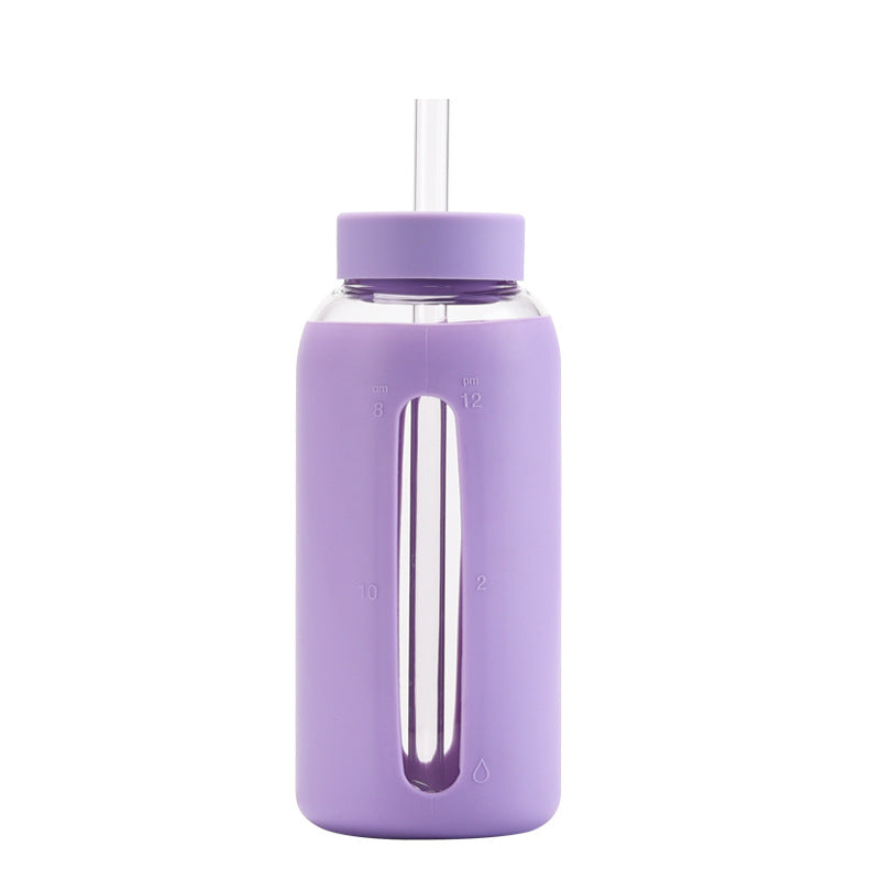 New glass silicone sleeve time scale water cup with straw 800ml large capacity portable outdoor cup