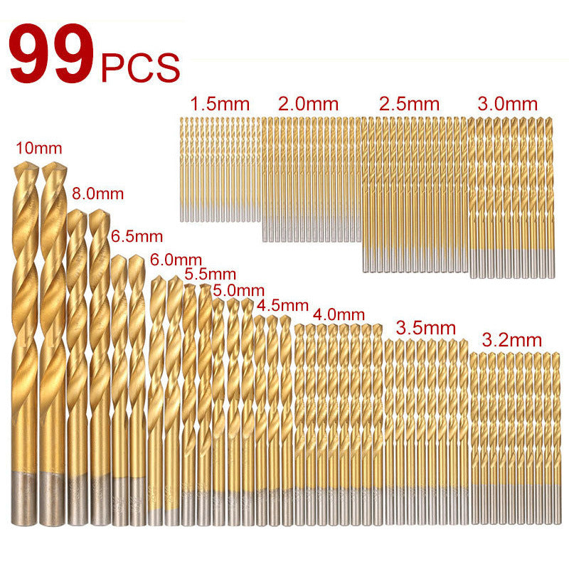 99 piece titanium plated straight shank twist drill bit set high speed steel round shank punch drill bit