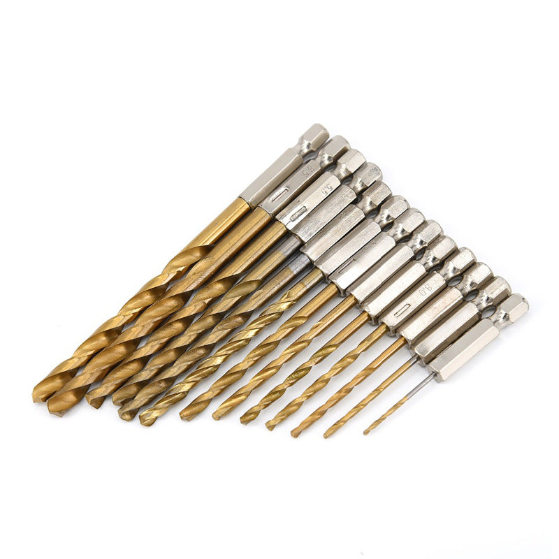 13pcs hexagonal handle twist drill bit high-speed steel electric drill for drilling wood plastic titanium-plated twist drill combination set