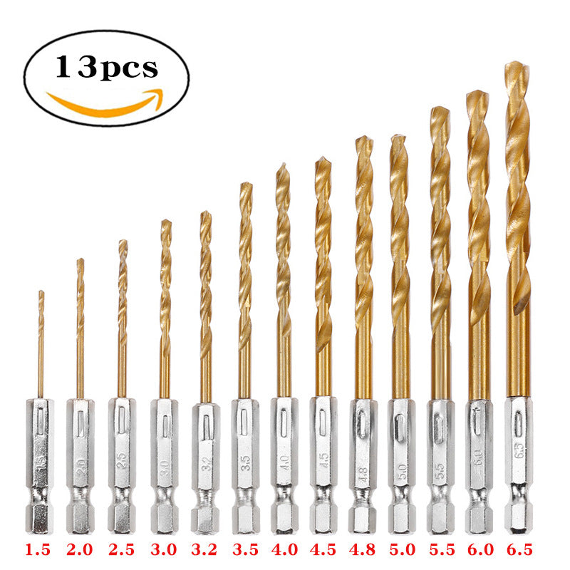 13pcs hexagonal handle twist drill bit high-speed steel electric drill for drilling wood plastic titanium-plated twist drill combination set