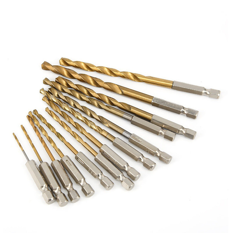 13pcs hexagonal handle twist drill bit high-speed steel electric drill for drilling wood plastic titanium-plated twist drill combination set