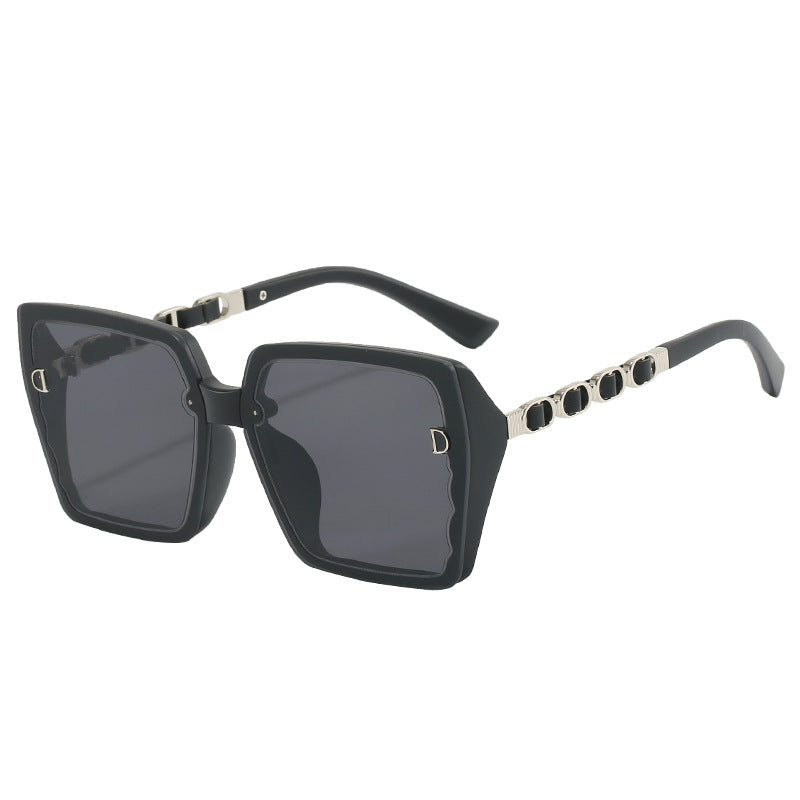 2024 New Square Large Frame Metal Leather Leg Sunglasses Female Internet Celebrity Anchor Same Style Anti-UV Sunglasses