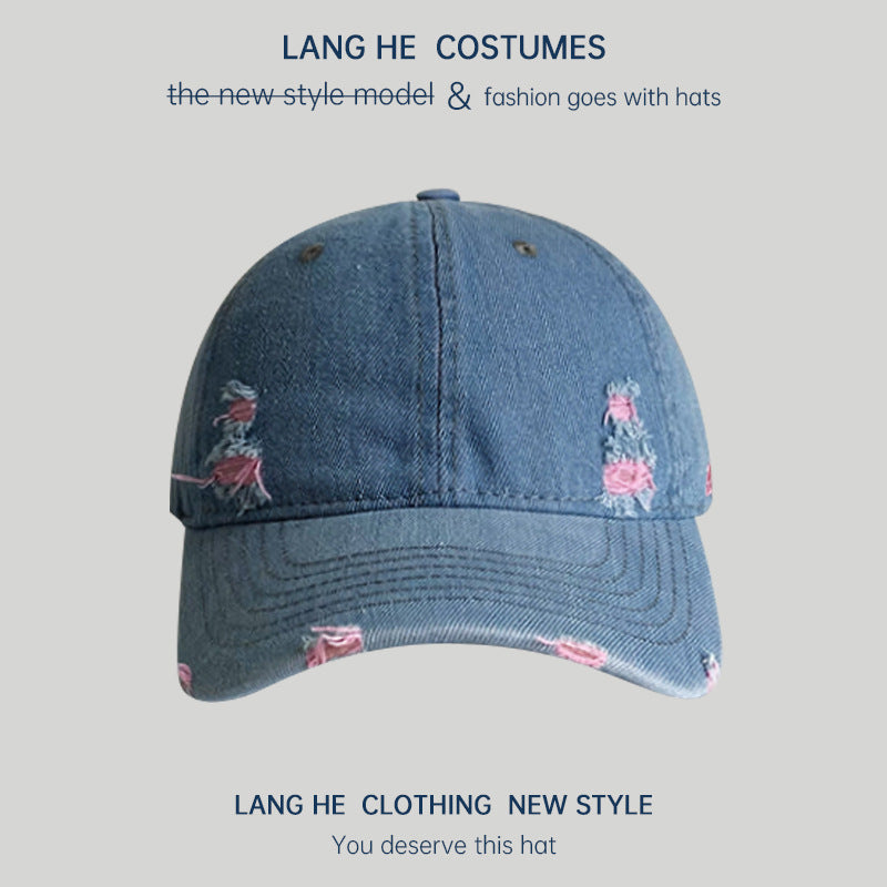 Ripped denim baseball cap for women showing off their face, small washed and distressed soft top men's peaked cap, spring and autumn casual all-match hat