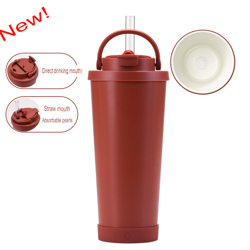 New stainless steel straw cup with pearl ceramic liner, portable handle, vacuum double-layer straw thermos cup