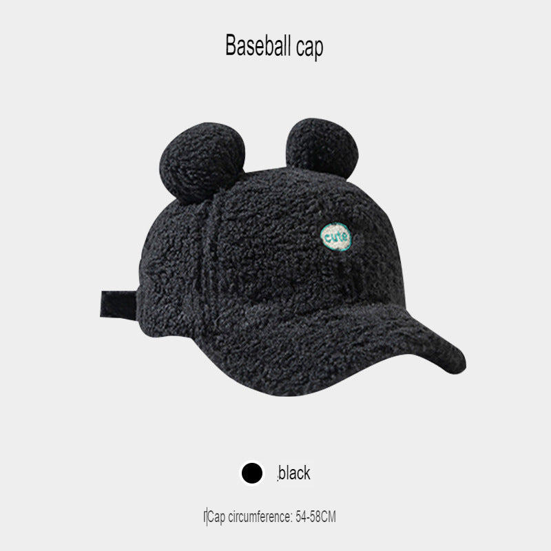 Lamb's wool baseball cap for women  cartoon cute bear ears peaked cap casual versatile warm hat for women trendy