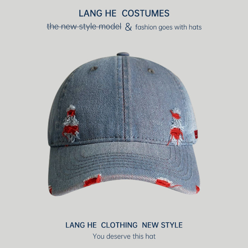 Ripped denim baseball cap for women showing off their face, small washed and distressed soft top men's peaked cap, spring and autumn casual all-match hat