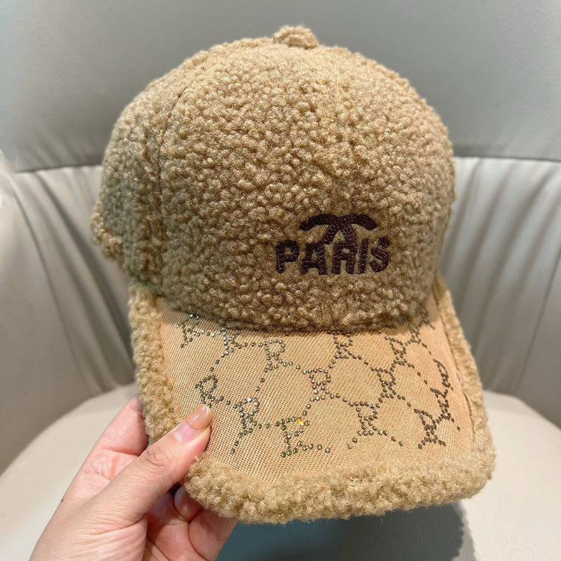 Autumn and winter lamb wool baseball hat for women,style versatile embroidered peaked cap, warm trendy brand couple baseball cap for men