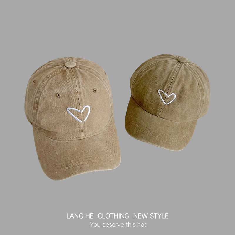 Parent-child love embroidered baseball cap showing face small washed soft top cap for men and women heart casual versatile hat trendy