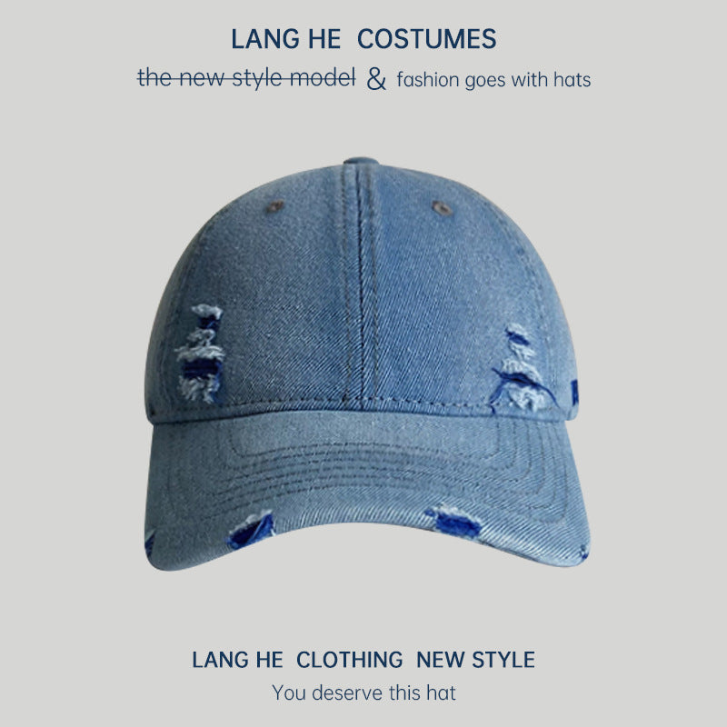 Ripped denim baseball cap for women showing off their face, small washed and distressed soft top men's peaked cap, spring and autumn casual all-match hat