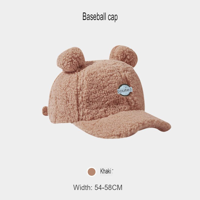 Lamb's wool baseball cap for women  cartoon cute bear ears peaked cap casual versatile warm hat for women trendy