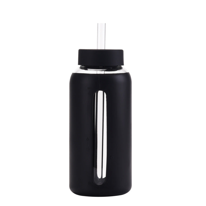 New glass silicone sleeve time scale water cup with straw 800ml large capacity portable outdoor cup