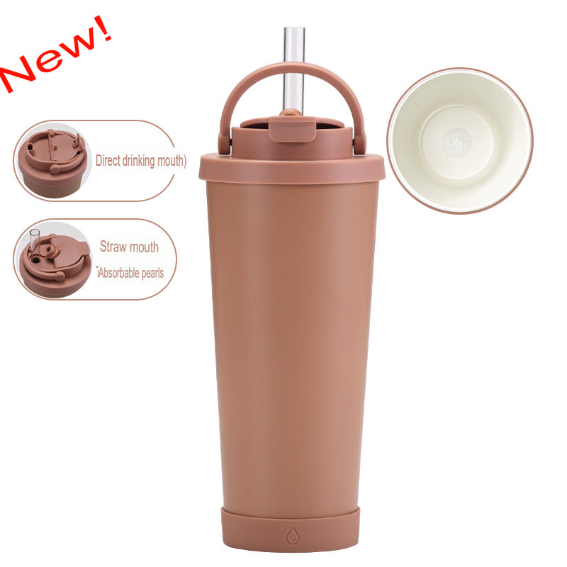 New stainless steel straw cup with pearl ceramic liner, portable handle, vacuum double-layer straw thermos cup