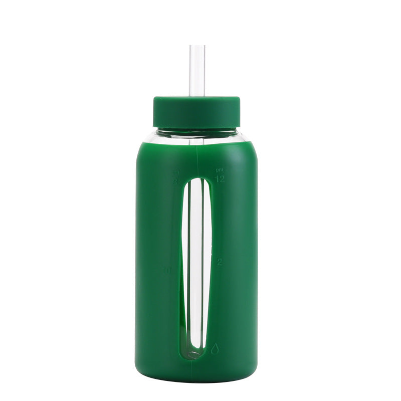 New glass silicone sleeve time scale water cup with straw 800ml large capacity portable outdoor cup