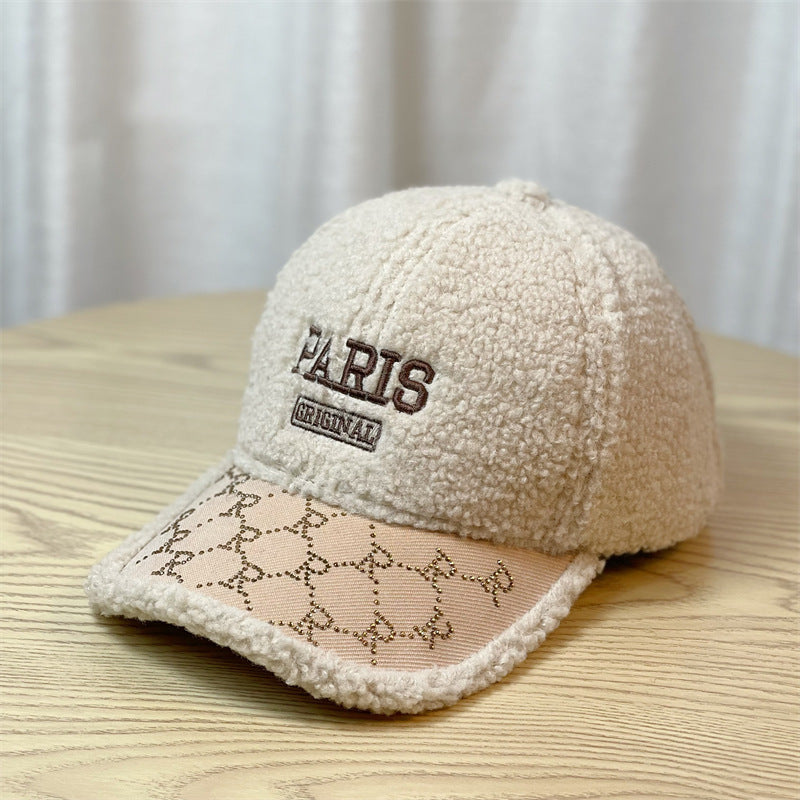 Autumn and winter lamb wool baseball hat for women,style versatile embroidered peaked cap, warm trendy brand couple baseball cap for men