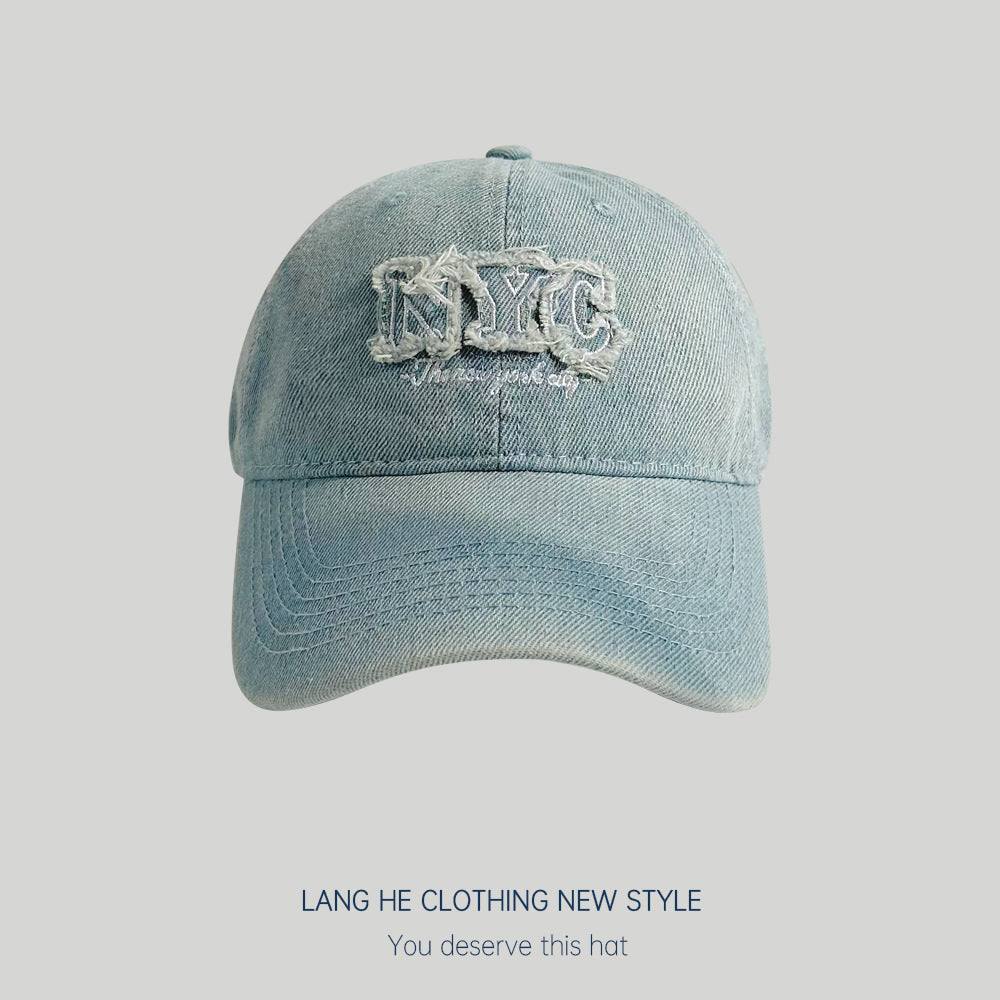 Washed denim baseball cap for women casual, versatile, distressed letters, couple's peaked cap, summer men's sun hat