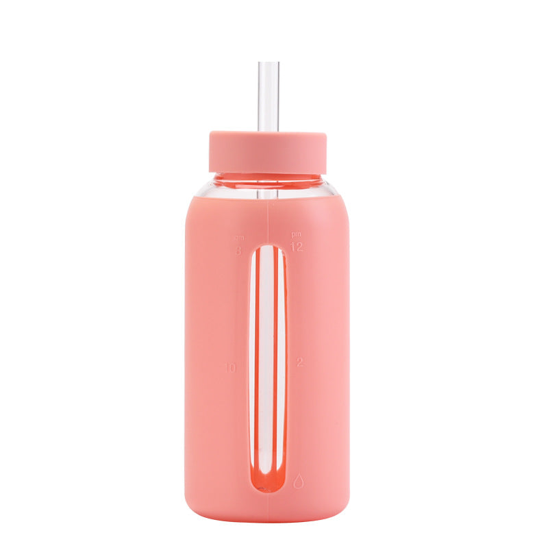 New glass silicone sleeve time scale water cup with straw 800ml large capacity portable outdoor cup