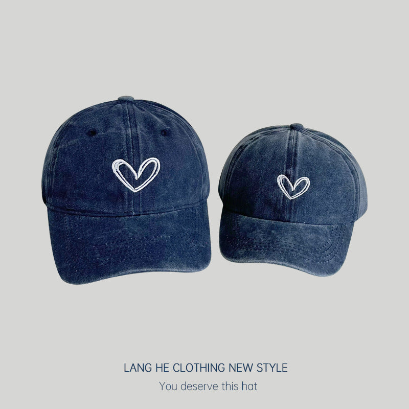 Parent-child love embroidered baseball cap showing face small washed soft top cap for men and women heart casual versatile hat trendy