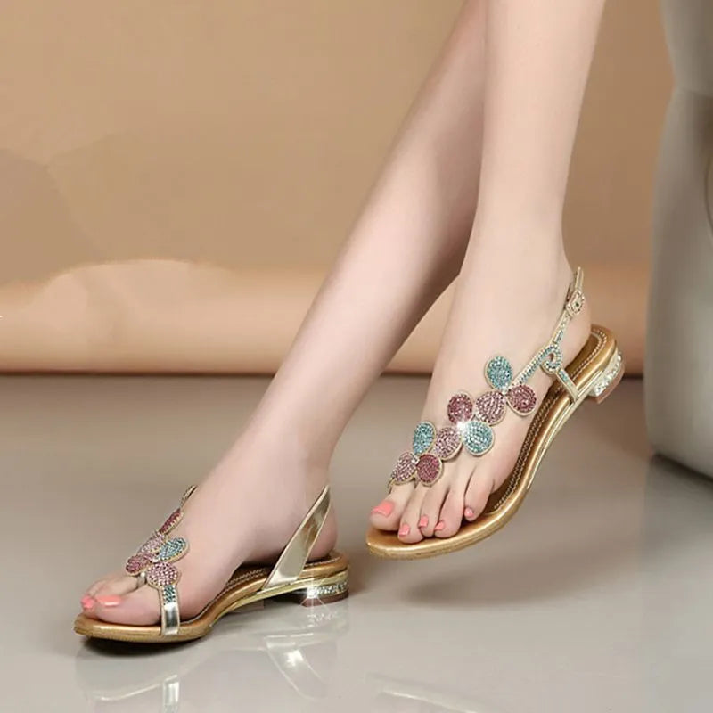 Women Summer Leather Ladies Sandals Low Heel Sandals Flat Bottom Clip Toe Thick Heel - WSD50214