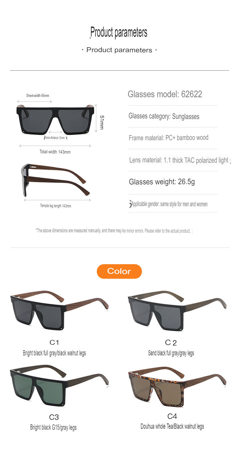 New Trendy Bamboo Wood Glasses Light Sunglasses Retro Fashion Large Frame Sunshade Anti-Uv Bamboo Wood Leg Sunglasses