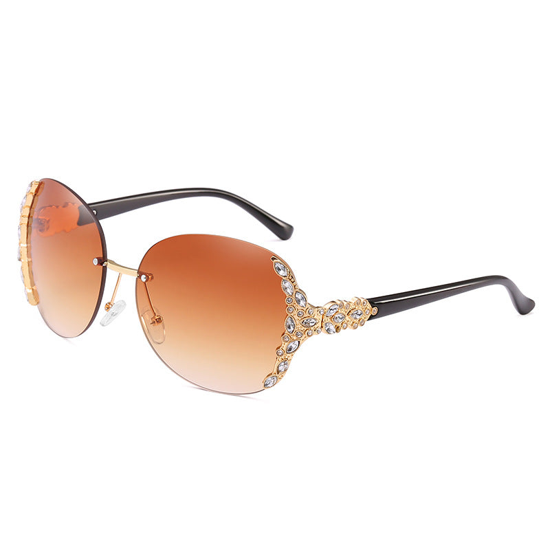 New Large-Frame Diamond-Encrusted Frameless Edge-Cut Sunglasses For Female Internet Celebrities And Trendy People, Street Photography, Personalized Fashion Sunglasses