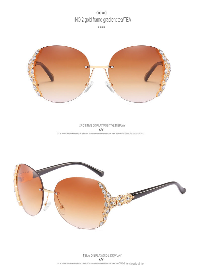 New Large-Frame Diamond-Encrusted Frameless Edge-Cut Sunglasses For Female Internet Celebrities And Trendy People, Street Photography, Personalized Fashion Sunglasses