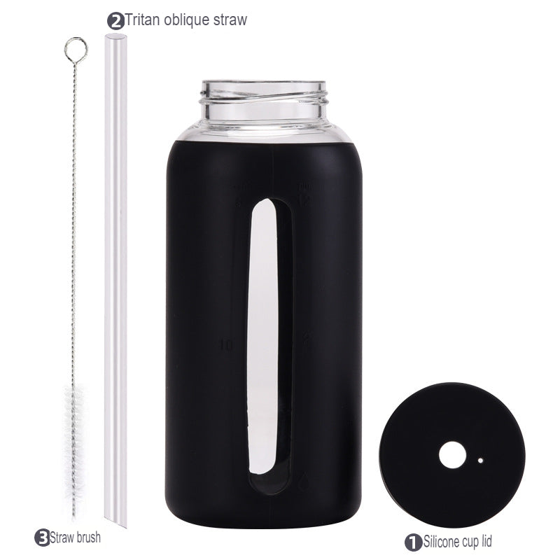 New glass silicone sleeve time scale water cup with straw 800ml large capacity portable outdoor cup