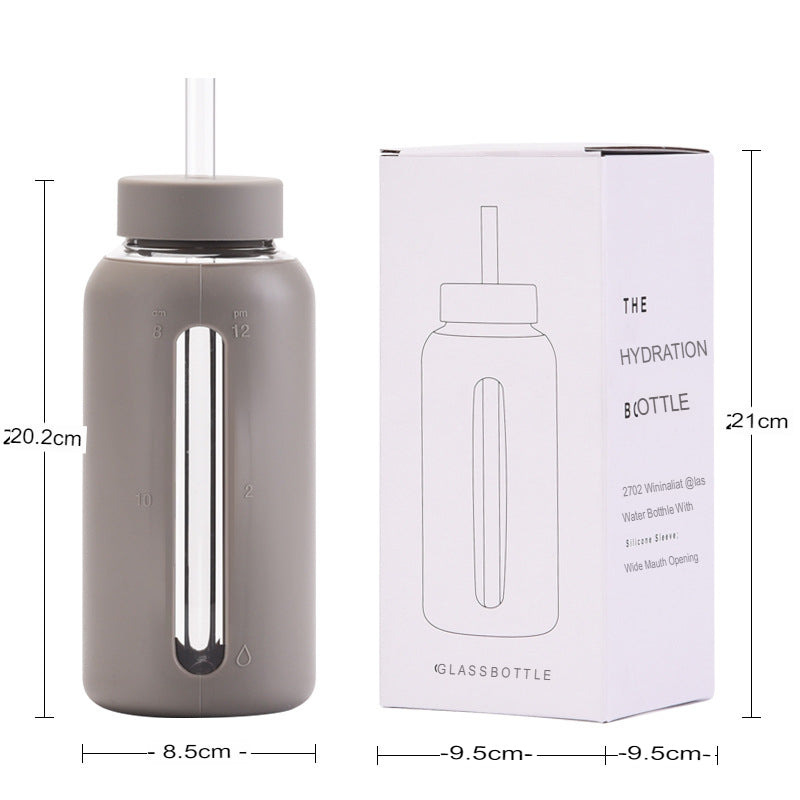 New glass silicone sleeve time scale water cup with straw 800ml large capacity portable outdoor cup