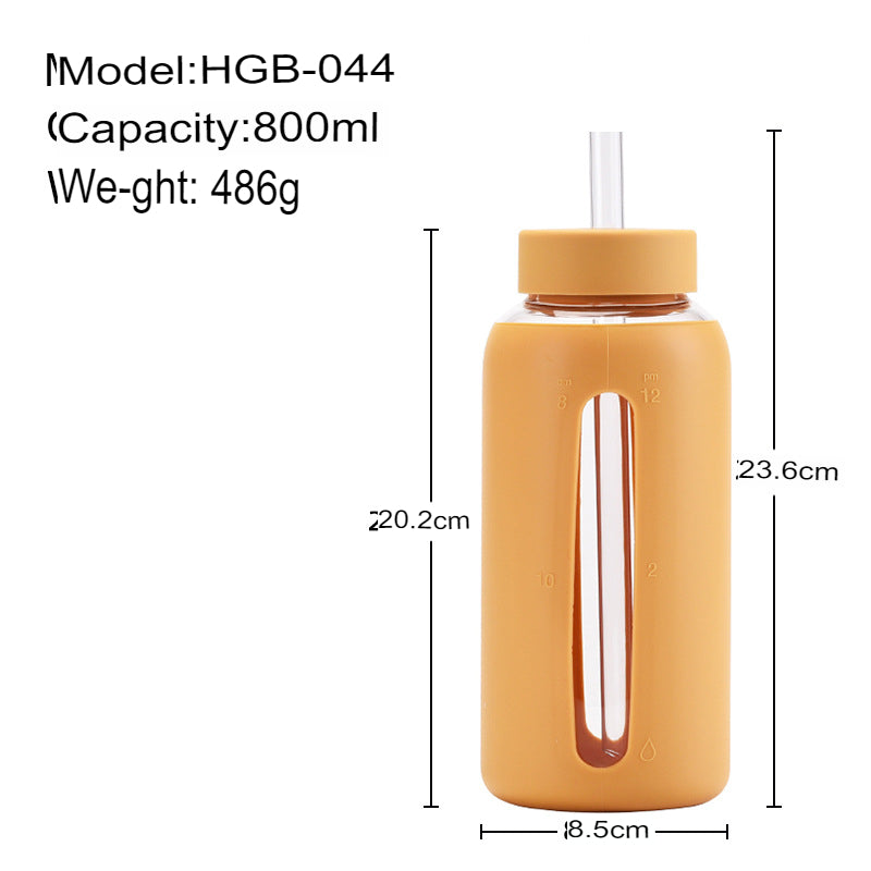 New glass silicone sleeve time scale water cup with straw 800ml large capacity portable outdoor cup