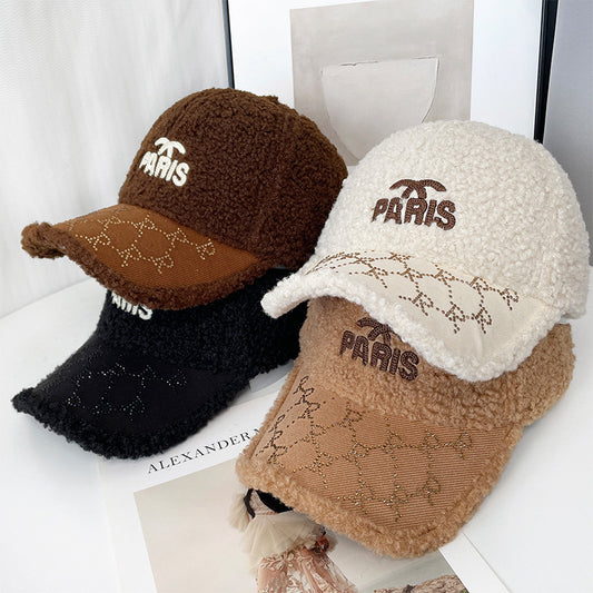 Autumn and winter lamb wool baseball hat for women,style versatile embroidered peaked cap, warm trendy brand couple baseball cap for men