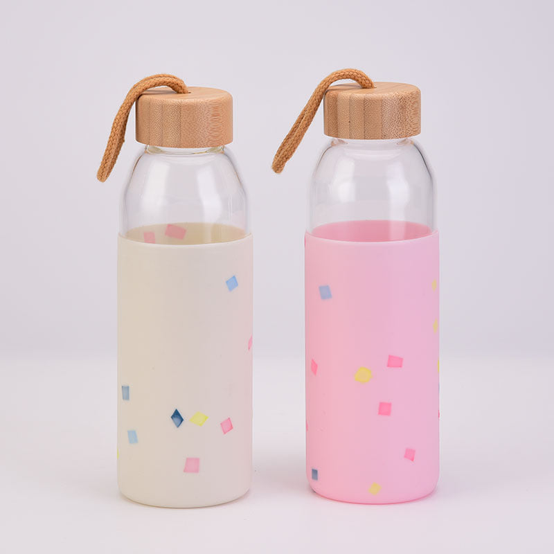 Glass Water Cup Silicone Protective Cover Insulated Glass Cup Single Layer Outdoor Glass Water Bottle