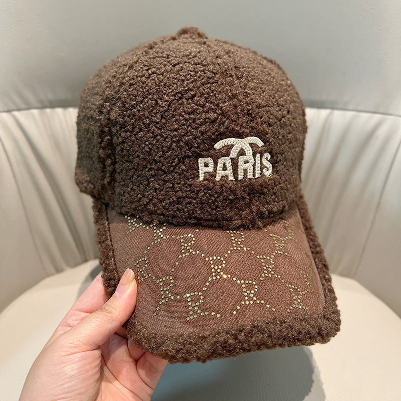 Autumn and winter lamb wool baseball hat for women,style versatile embroidered peaked cap, warm trendy brand couple baseball cap for men