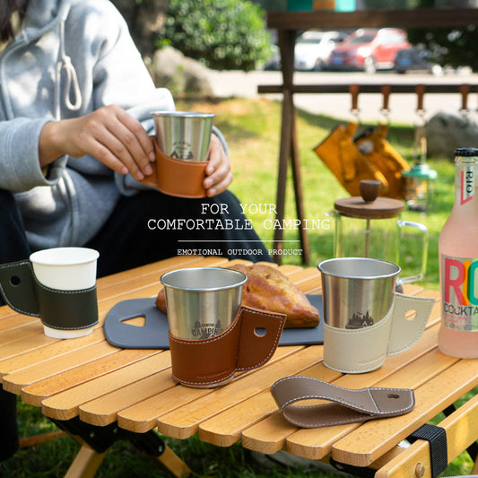 Outdoor Paper Cup Stainless Steel Cup Pu Cup Set Camping Picnic Barbecue Heat Insulation Anti-Scald Handle Coffee Cup Protective Leather Case