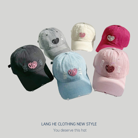 Spring and summer new denim hole love embroidered baseball cap women's sweet heart-shaped letter cap cover