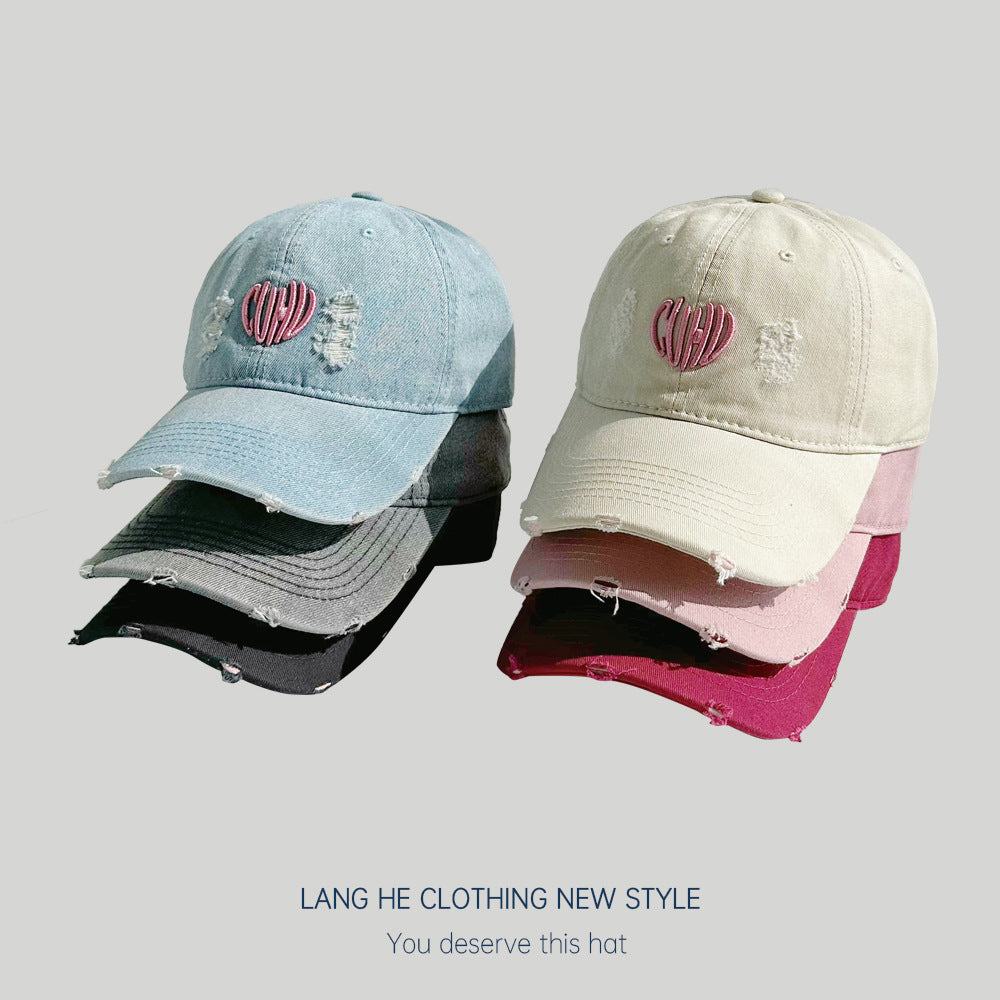 Spring and summer new denim hole love embroidered baseball cap women's sweet heart-shaped letter cap cover