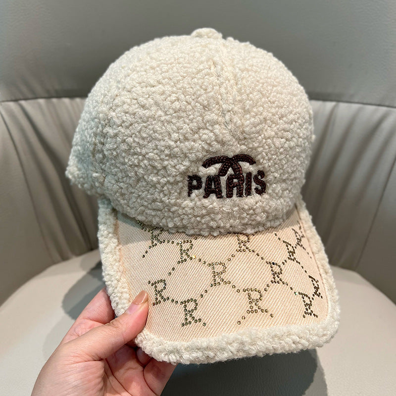 Autumn and winter lamb wool baseball hat for women,style versatile embroidered peaked cap, warm trendy brand couple baseball cap for men