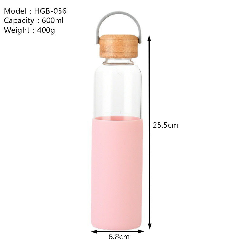 New Single-Layer Glass Bottle Large Capacity Bamboo Lid Retro Glass Insulated Portable Handle Outdoor Water Cup