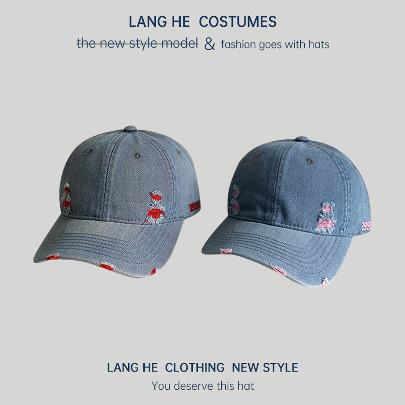 Ripped denim baseball cap for women showing off their face, small washed and distressed soft top men's peaked cap, spring and autumn casual all-match hat