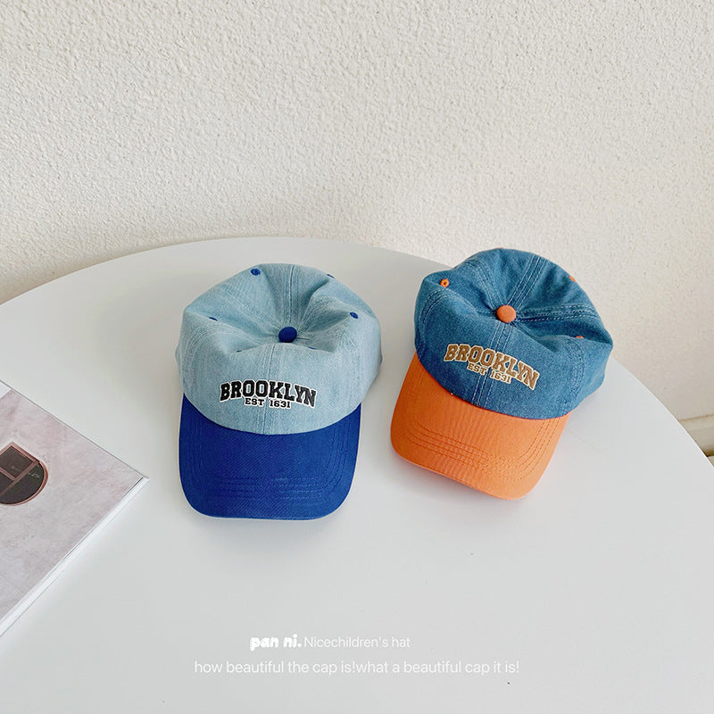 Spring and autumn children's denim color-blocking baseball caps ins fashion boys and girls trend letter sun hats trendy