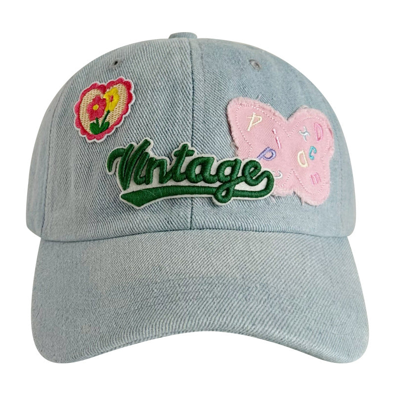 ins personality girly heart washed denim old light blue letter patch cap versatile baseball hat