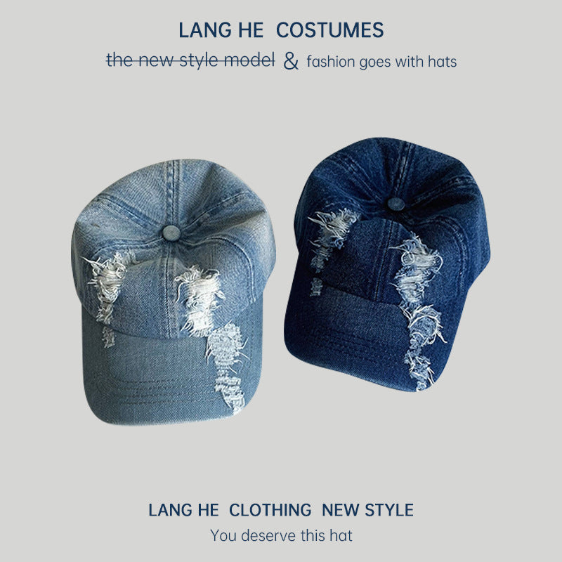Large hole denim baseball cap women's washed old soft top peaked cap spring and autumn casual versatile travel men's hat