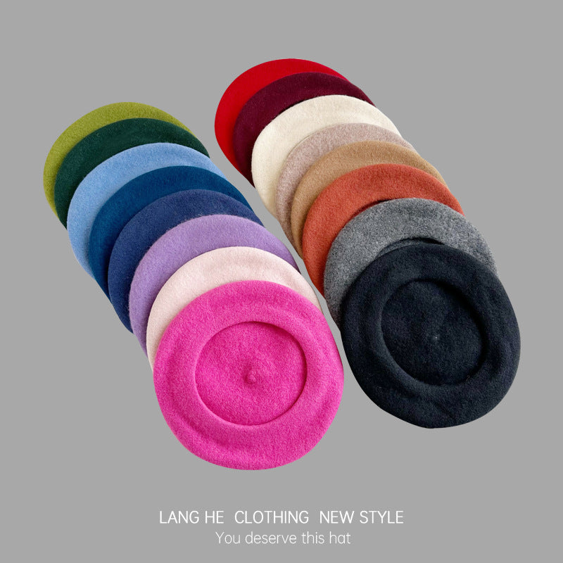 Dopamine solid color wool beret women's fashion painter hat autumn and winter literary retro woolen hat