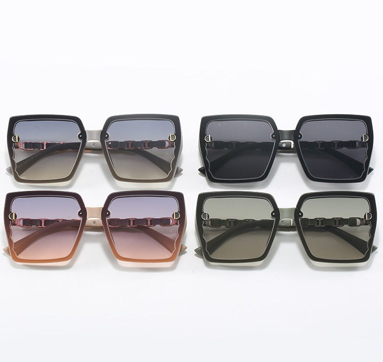 2024 New Square Large Frame Metal Leather Leg Sunglasses Female Internet Celebrity Anchor Same Style Anti-UV Sunglasses