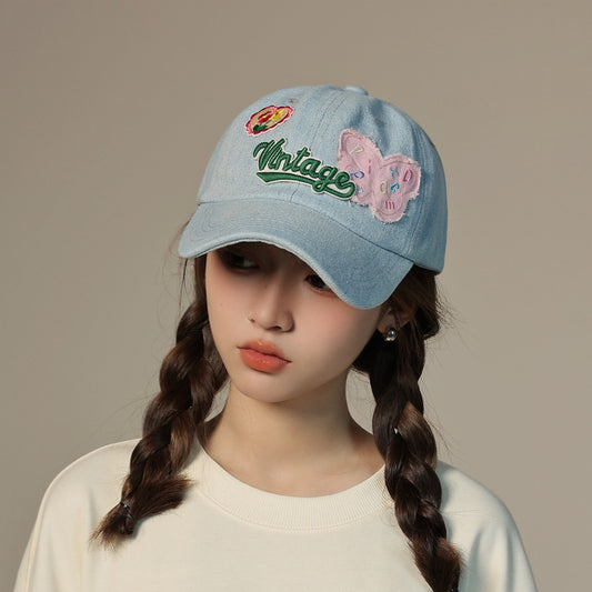 ins personality girly heart washed denim old light blue letter patch cap versatile baseball hat