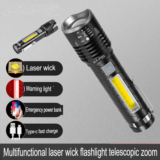 New Led Retractable Focus Flashlight Usb Rechargeable Built-In Lithium Battery Strong Light Outdoor Camping Flashlight