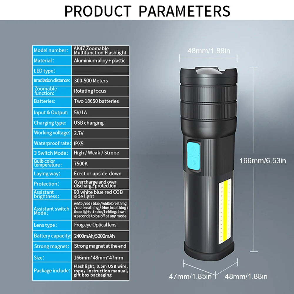 New Ak47 Multifunctional Night Riding Camping Light Rechargeable Cob Multifunctional Bright Flashlight Led Super Bright Outdoor