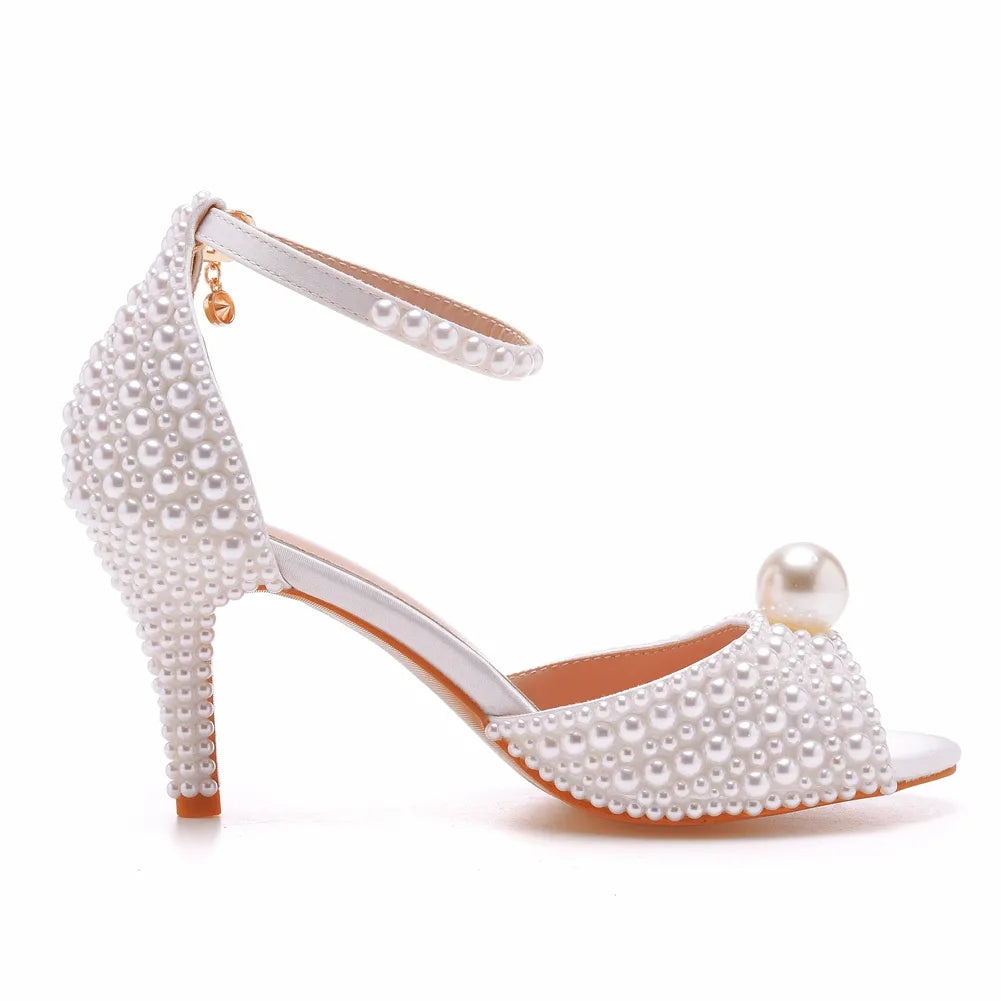 Women Crystal Queen White Pearl Sandals Open Toe High Heels Lady Luxury Wedding Shoes - WSHP50105