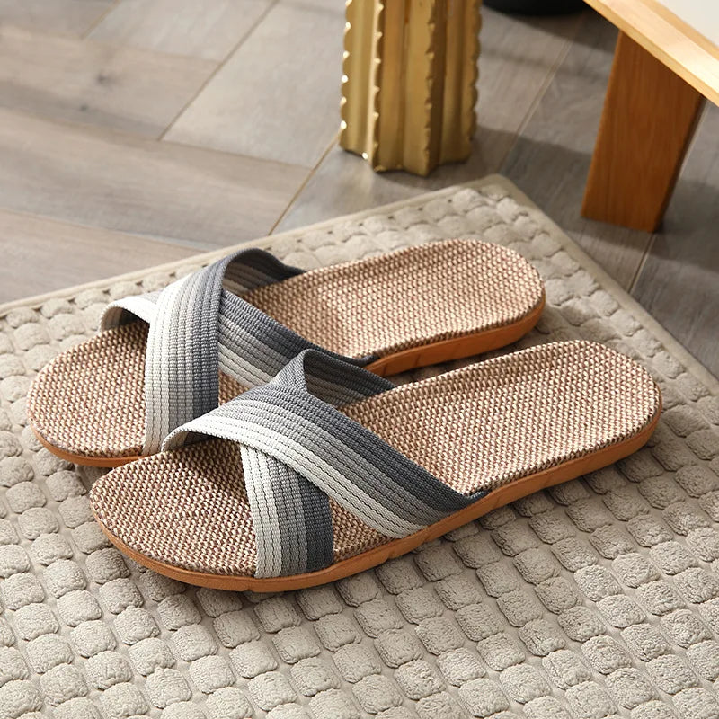 Men Slippers Linen Home Indoor Open Toe Flat Shoe Beach Slippers Striped Spliced Rubber Sandals - MSL50256