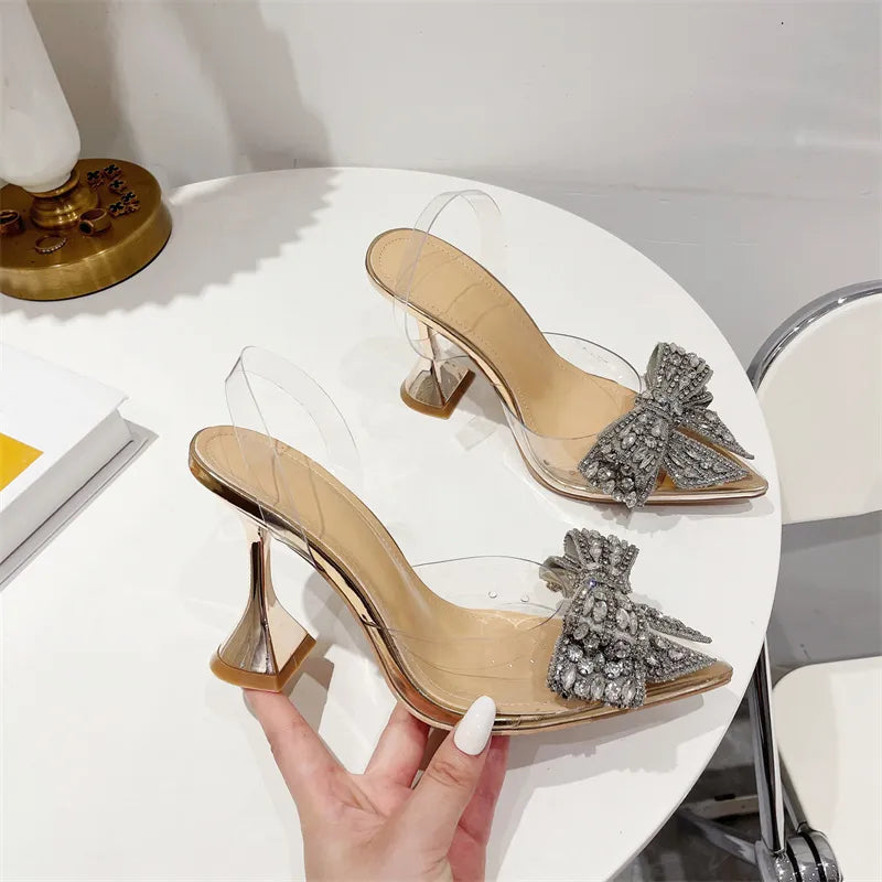 Women Fashion Crystal Sequined Bowknot Women Pumps Sexy Pointed Toe High Heels - WSHP50070