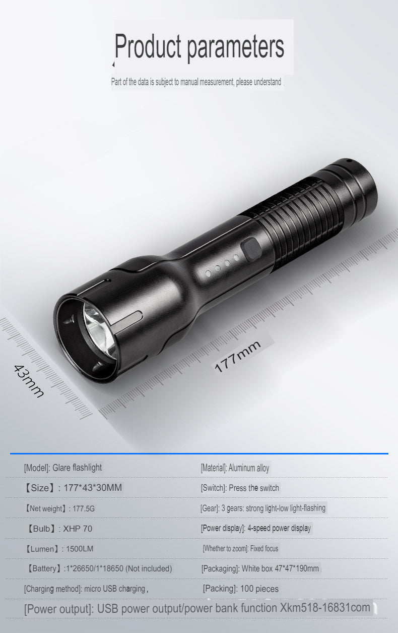 P70 strong light aluminum alloy electric display USB power bank output LED long-range flashlight outdoor strong light lighting